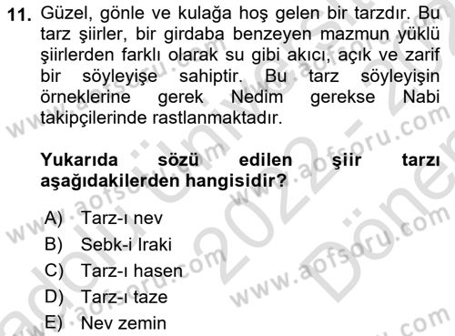 XVIII. Yüzyıl Türk Edebiyatı Dersi 2022 - 2023 Yılı (Final) Dönem Sonu Sınav Soruları 11. Soru