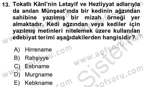 XVIII. Yüzyıl Türk Edebiyatı Dersi 2022 - 2023 Yılı (Final) Dönem Sonu Sınav Soruları 13. Soru
