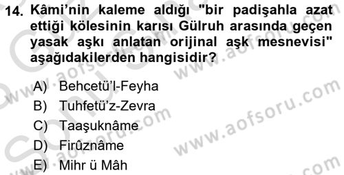 XVIII. Yüzyıl Türk Edebiyatı Dersi 2022 - 2023 Yılı (Final) Dönem Sonu Sınav Soruları 14. Soru