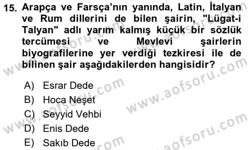 XVIII. Yüzyıl Türk Edebiyatı Dersi 2022 - 2023 Yılı (Final) Dönem Sonu Sınav Soruları 15. Soru