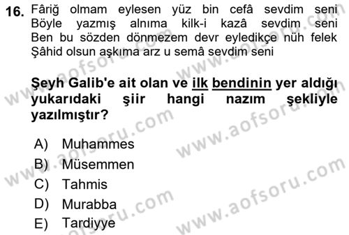 XVIII. Yüzyıl Türk Edebiyatı Dersi 2022 - 2023 Yılı (Final) Dönem Sonu Sınav Soruları 16. Soru