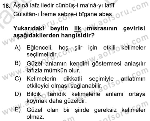 XVIII. Yüzyıl Türk Edebiyatı Dersi 2022 - 2023 Yılı (Final) Dönem Sonu Sınav Soruları 18. Soru