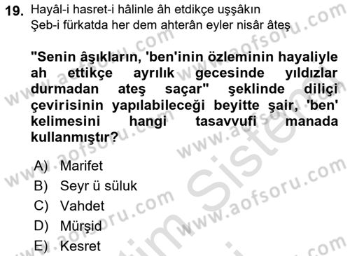 XVIII. Yüzyıl Türk Edebiyatı Dersi 2022 - 2023 Yılı (Final) Dönem Sonu Sınav Soruları 19. Soru