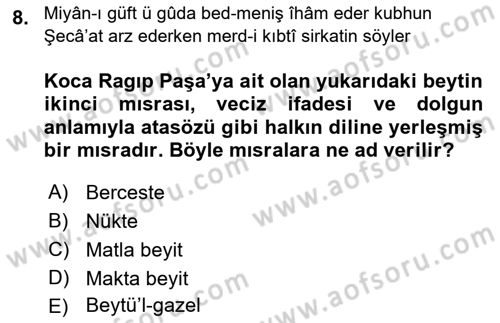 XVIII. Yüzyıl Türk Edebiyatı Dersi 2022 - 2023 Yılı (Final) Dönem Sonu Sınav Soruları 8. Soru