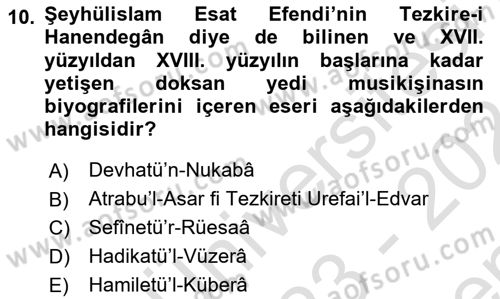 XVIII. Yüzyıl Türk Edebiyatı Dersi 2023 - 2024 Yılı (Final) Dönem Sonu Sınav Soruları 10. Soru