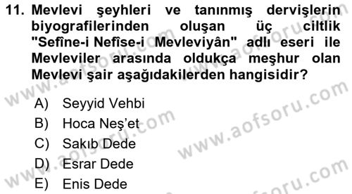 XVIII. Yüzyıl Türk Edebiyatı Dersi 2023 - 2024 Yılı (Final) Dönem Sonu Sınav Soruları 11. Soru