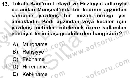 XVIII. Yüzyıl Türk Edebiyatı Dersi 2023 - 2024 Yılı (Final) Dönem Sonu Sınav Soruları 13. Soru