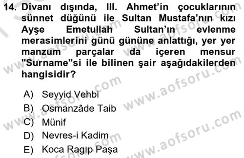 XVIII. Yüzyıl Türk Edebiyatı Dersi 2023 - 2024 Yılı (Final) Dönem Sonu Sınav Soruları 14. Soru