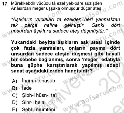 XVIII. Yüzyıl Türk Edebiyatı Dersi 2023 - 2024 Yılı (Final) Dönem Sonu Sınav Soruları 17. Soru