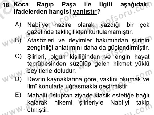 XVIII. Yüzyıl Türk Edebiyatı Dersi 2023 - 2024 Yılı (Final) Dönem Sonu Sınav Soruları 18. Soru