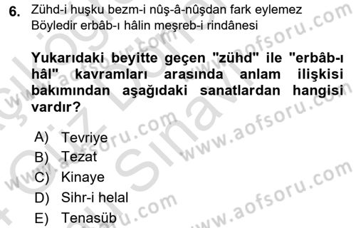 XVIII. Yüzyıl Türk Edebiyatı Dersi 2023 - 2024 Yılı (Final) Dönem Sonu Sınav Soruları 6. Soru