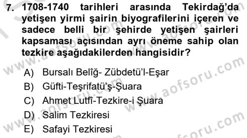 XVIII. Yüzyıl Türk Edebiyatı Dersi 2023 - 2024 Yılı (Final) Dönem Sonu Sınav Soruları 7. Soru