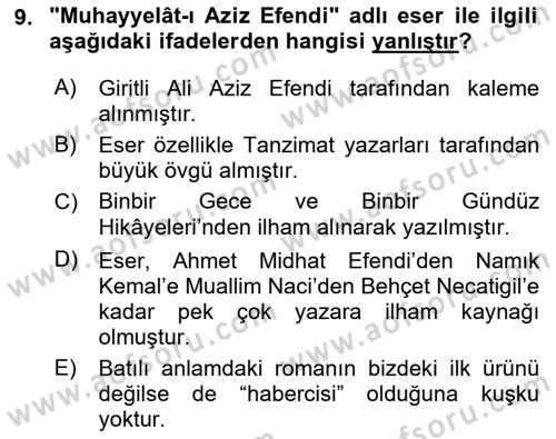 XVIII. Yüzyıl Türk Edebiyatı Dersi 2023 - 2024 Yılı (Final) Dönem Sonu Sınav Soruları 9. Soru