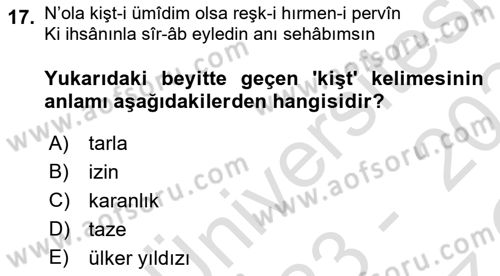 XVIII. Yüzyıl Türk Edebiyatı Dersi 2023 - 2024 Yılı Yaz Okulu Sınav Soruları 17. Soru
