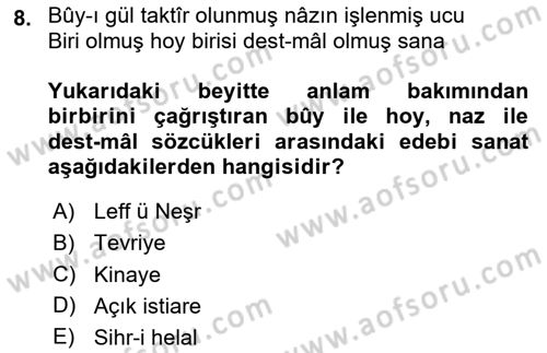 XVIII. Yüzyıl Türk Edebiyatı Dersi 2023 - 2024 Yılı Yaz Okulu Sınav Soruları 8. Soru