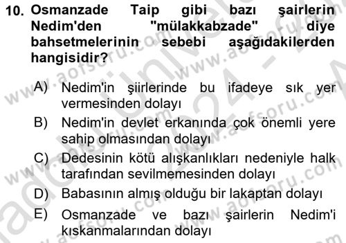 XVIII. Yüzyıl Türk Edebiyatı Dersi 2024 - 2025 Yılı (Vize) Ara Sınav Soruları 10. Soru