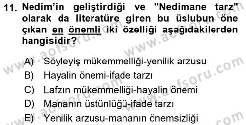 XVIII. Yüzyıl Türk Edebiyatı Dersi 2024 - 2025 Yılı (Vize) Ara Sınav Soruları 11. Soru