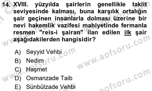 XVIII. Yüzyıl Türk Edebiyatı Dersi 2024 - 2025 Yılı (Vize) Ara Sınav Soruları 14. Soru