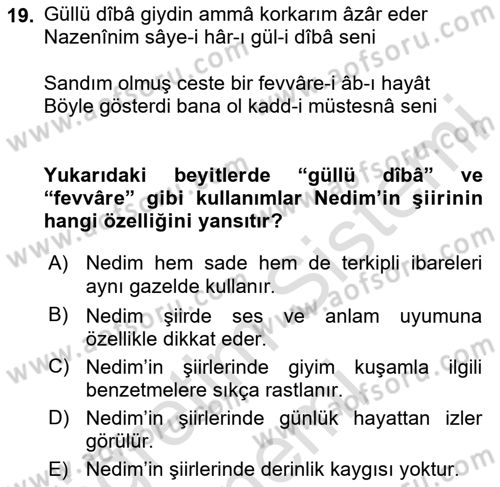 XVIII. Yüzyıl Türk Edebiyatı Dersi 2024 - 2025 Yılı (Vize) Ara Sınav Soruları 19. Soru