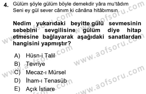 XVIII. Yüzyıl Türk Edebiyatı Dersi 2024 - 2025 Yılı (Vize) Ara Sınav Soruları 4. Soru