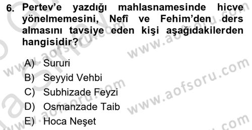 XVIII. Yüzyıl Türk Edebiyatı Dersi 2024 - 2025 Yılı (Vize) Ara Sınav Soruları 6. Soru