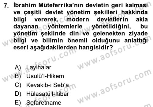 XVIII. Yüzyıl Türk Edebiyatı Dersi 2024 - 2025 Yılı (Vize) Ara Sınav Soruları 7. Soru