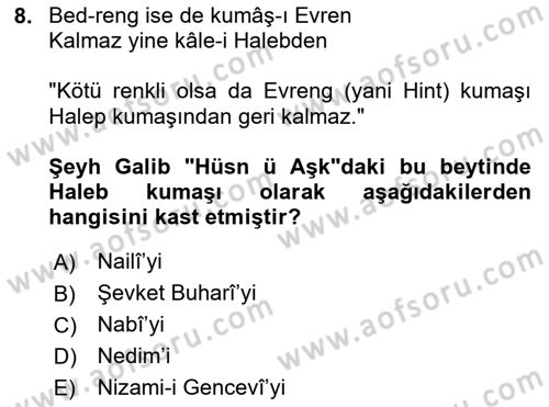 XVIII. Yüzyıl Türk Edebiyatı Dersi 2024 - 2025 Yılı (Vize) Ara Sınav Soruları 8. Soru