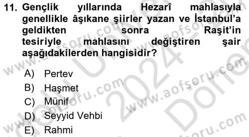 XVIII. Yüzyıl Türk Edebiyatı Dersi 2024 - 2025 Yılı (Final) Dönem Sonu Sınav Soruları 11. Soru