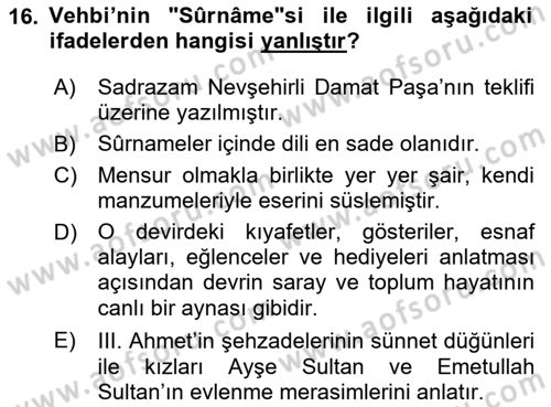 XVIII. Yüzyıl Türk Edebiyatı Dersi 2024 - 2025 Yılı (Final) Dönem Sonu Sınav Soruları 16. Soru