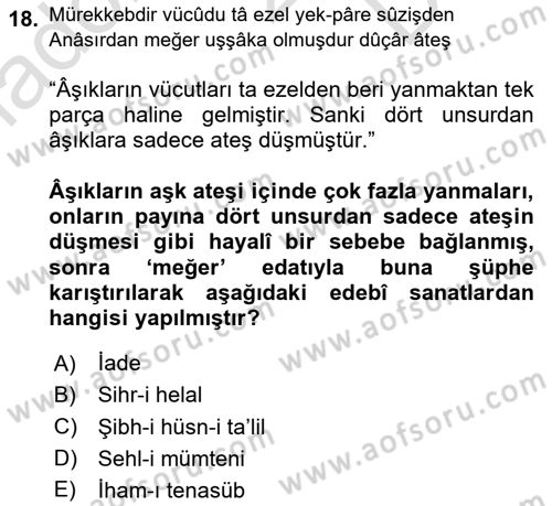 XVIII. Yüzyıl Türk Edebiyatı Dersi 2024 - 2025 Yılı (Final) Dönem Sonu Sınav Soruları 18. Soru