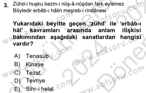 XVIII. Yüzyıl Türk Edebiyatı Dersi 2024 - 2025 Yılı (Final) Dönem Sonu Sınav Soruları 3. Soru