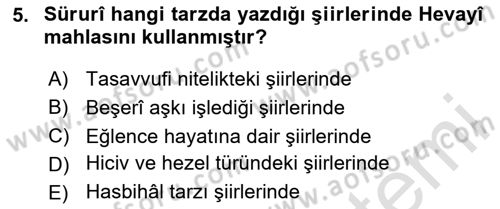 XVIII. Yüzyıl Türk Edebiyatı Dersi 2024 - 2025 Yılı (Final) Dönem Sonu Sınav Soruları 5. Soru