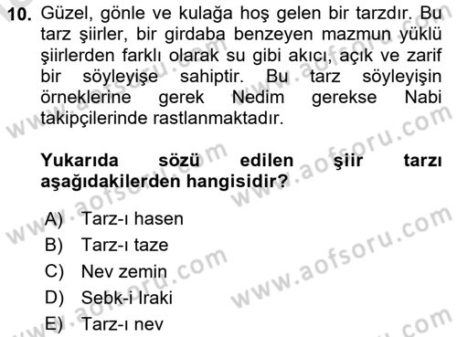 XVIII. Yüzyıl Türk Edebiyatı Dersi 2024 - 2025 Yılı Yaz Okulu Sınav Soruları 10. Soru