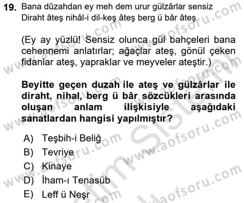 XVIII. Yüzyıl Türk Edebiyatı Dersi 2024 - 2025 Yılı Yaz Okulu Sınav Soruları 19. Soru