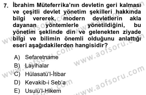 XVIII. Yüzyıl Türk Edebiyatı Dersi 2024 - 2025 Yılı Yaz Okulu Sınav Soruları 7. Soru