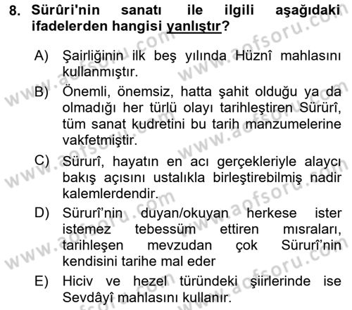XVIII. Yüzyıl Türk Edebiyatı Dersi 2024 - 2025 Yılı Yaz Okulu Sınav Soruları 8. Soru