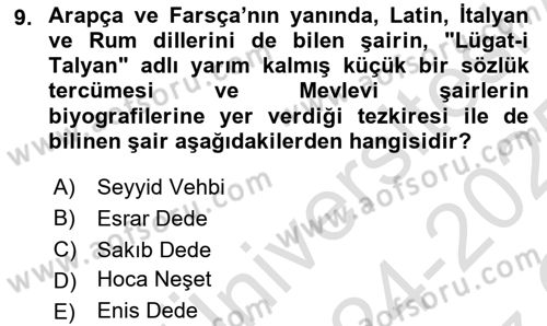 XVIII. Yüzyıl Türk Edebiyatı Dersi 2024 - 2025 Yılı Yaz Okulu Sınav Soruları 9. Soru