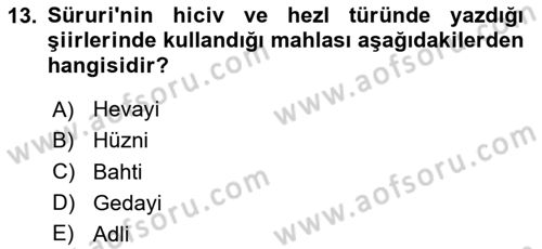 XVIII. Yüzyıl Türk Edebiyatı Dersi 2025 - 2026 Yılı (Vize) Ara Sınav Soruları 13. Soru