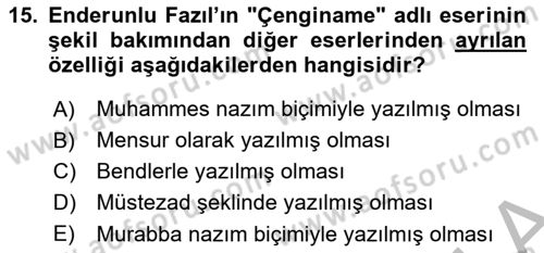 XVIII. Yüzyıl Türk Edebiyatı Dersi 2025 - 2026 Yılı (Vize) Ara Sınav Soruları 15. Soru
