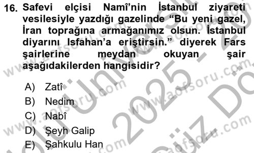 XVIII. Yüzyıl Türk Edebiyatı Dersi 2025 - 2026 Yılı (Vize) Ara Sınav Soruları 16. Soru