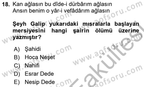 XVIII. Yüzyıl Türk Edebiyatı Dersi 2025 - 2026 Yılı (Vize) Ara Sınav Soruları 18. Soru