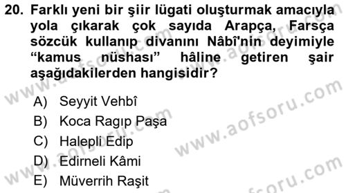XVIII. Yüzyıl Türk Edebiyatı Dersi 2025 - 2026 Yılı (Vize) Ara Sınav Soruları 20. Soru
