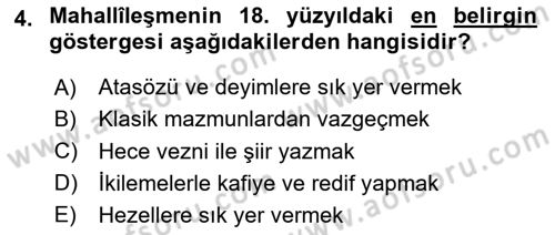 XVIII. Yüzyıl Türk Edebiyatı Dersi 2025 - 2026 Yılı (Vize) Ara Sınav Soruları 4. Soru