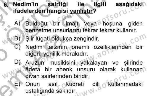 XVIII. Yüzyıl Türk Edebiyatı Dersi 2025 - 2026 Yılı (Vize) Ara Sınav Soruları 6. Soru