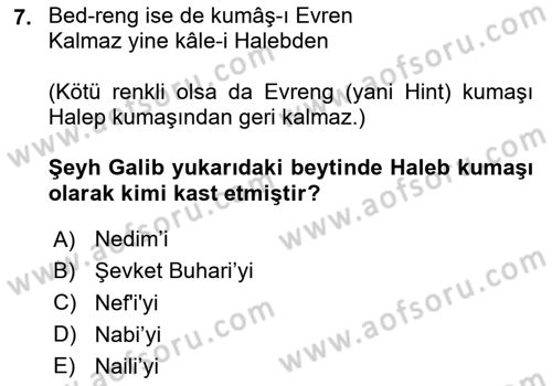 XVIII. Yüzyıl Türk Edebiyatı Dersi 2025 - 2026 Yılı (Vize) Ara Sınav Soruları 7. Soru