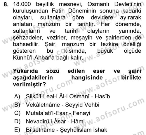 XVIII. Yüzyıl Türk Edebiyatı Dersi 2025 - 2026 Yılı (Vize) Ara Sınav Soruları 8. Soru