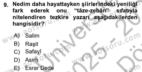 XVIII. Yüzyıl Türk Edebiyatı Dersi 2025 - 2026 Yılı (Vize) Ara Sınav Soruları 9. Soru