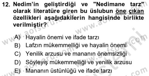 XVIII. Yüzyıl Türk Edebiyatı Dersi 2025 - 2026 Yılı (Final) Dönem Sonu Sınav Soruları 12. Soru