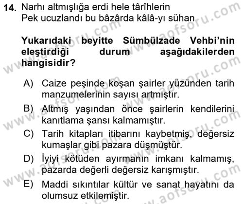 XVIII. Yüzyıl Türk Edebiyatı Dersi 2025 - 2026 Yılı (Final) Dönem Sonu Sınav Soruları 14. Soru
