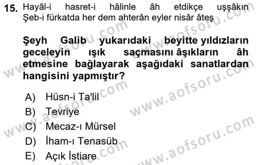 XVIII. Yüzyıl Türk Edebiyatı Dersi 2025 - 2026 Yılı (Final) Dönem Sonu Sınav Soruları 15. Soru